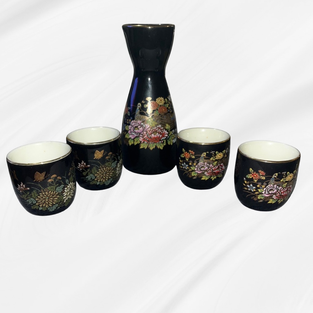 Vintage MCI Japan 5-Piece Black & Gold Peacock Floral Sake Set